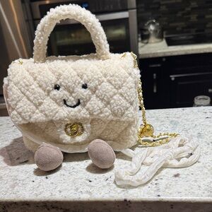 Cream Quilted Sherpa Mini Bag with Gold Chain and Smiley Face